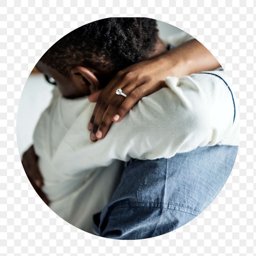 Hugging couple png circle badge element, transparent background