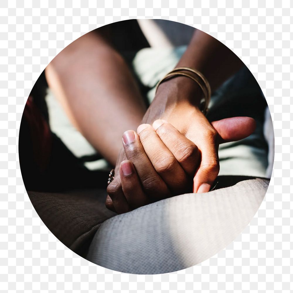 Holding hands png circle badge element, transparent background