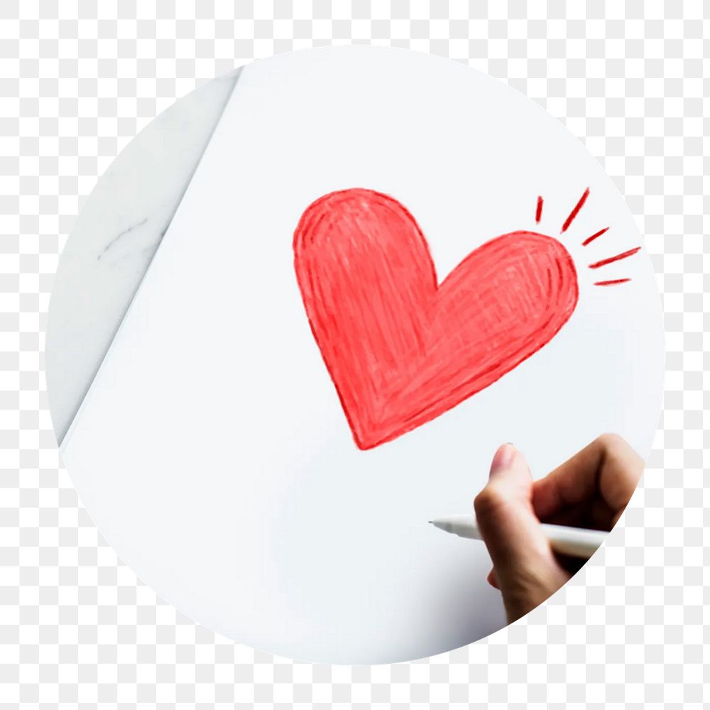 Heart doodle png circle badge element, transparent background