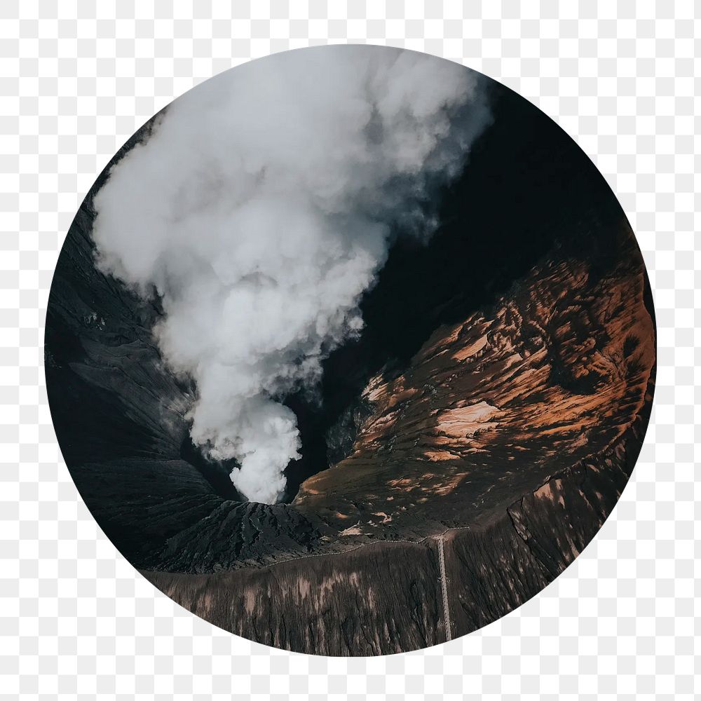 Volcano mountain png circle badge element, transparent background