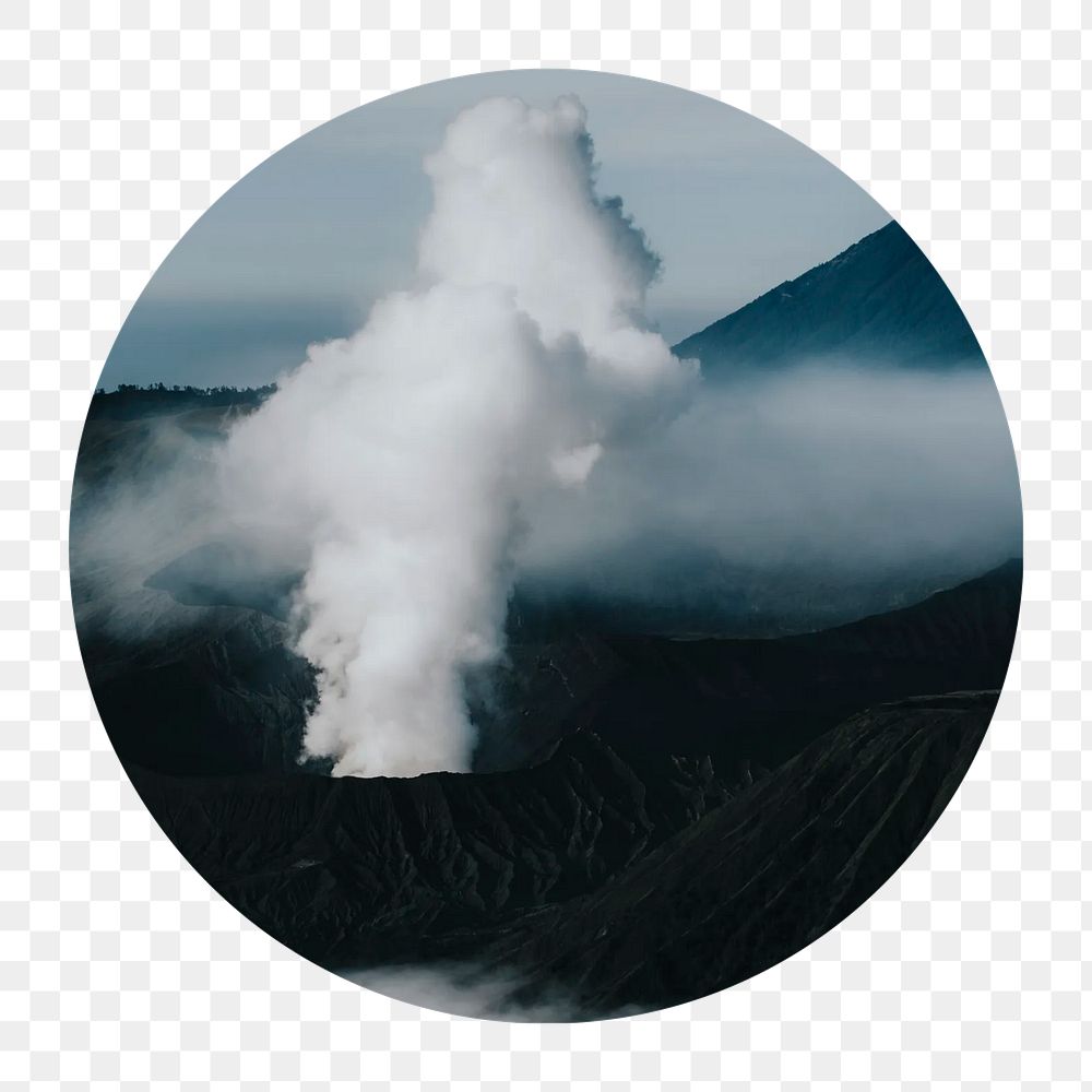 Volcano mountain png circle badge element, transparent background