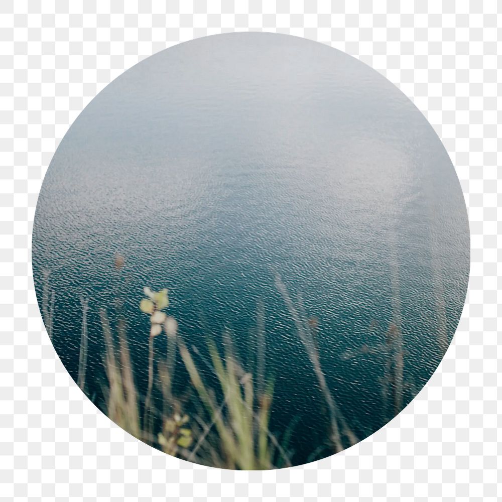 Peaceful lake png circle badge element, transparent background