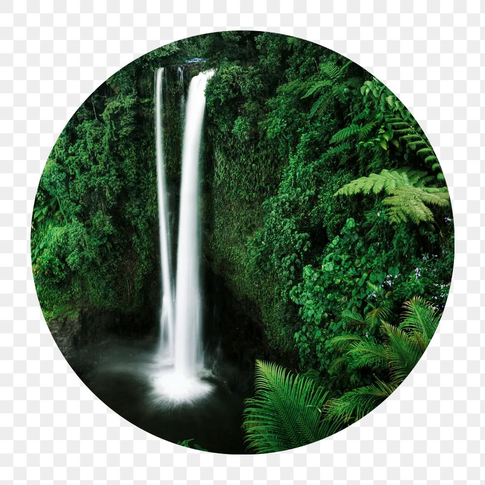 Waterfall, forest png circle badge element, transparent background