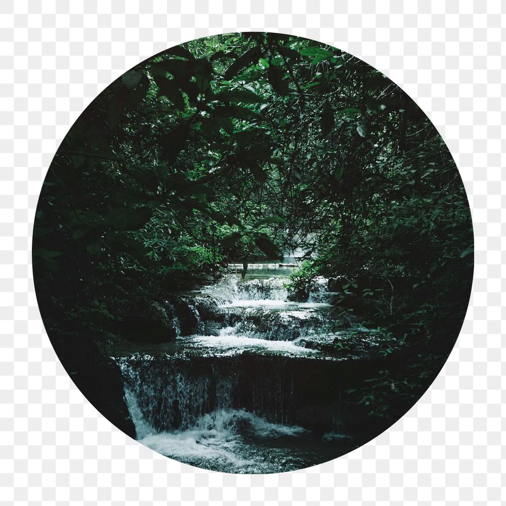 Waterfall landscape png circle badge element, transparent background