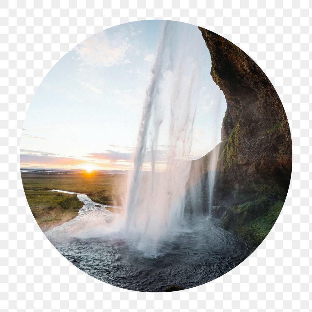 Beautiful waterfall png circle badge element, transparent background