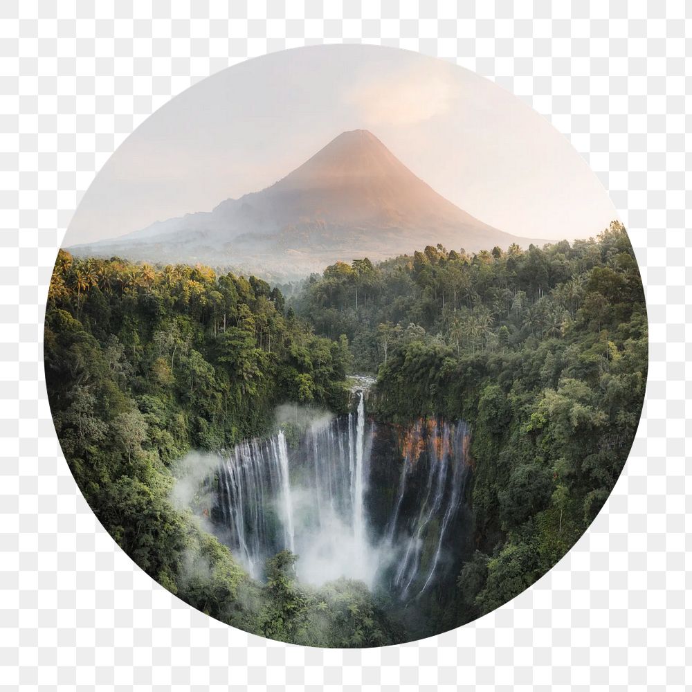 PNG Mountain and waterfall circle badge element, transparent background