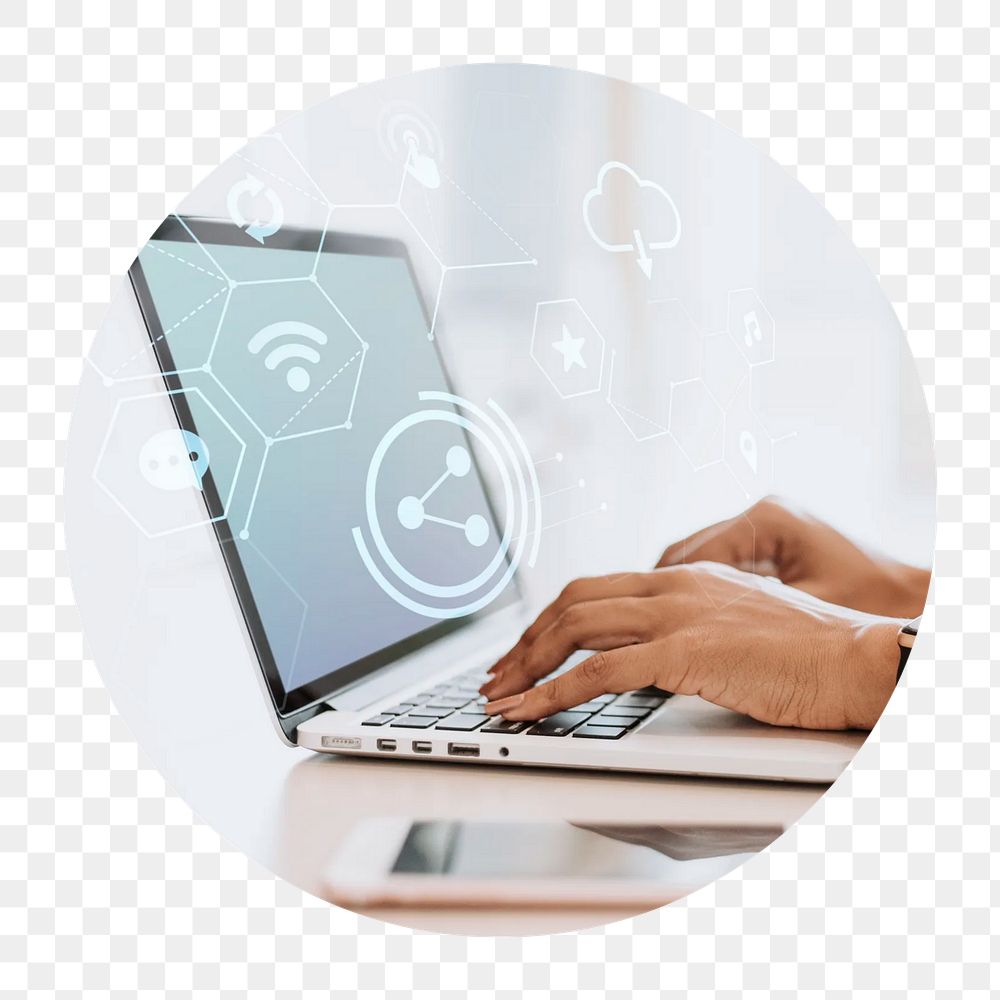 Laptop, technology png circle badge element, transparent background