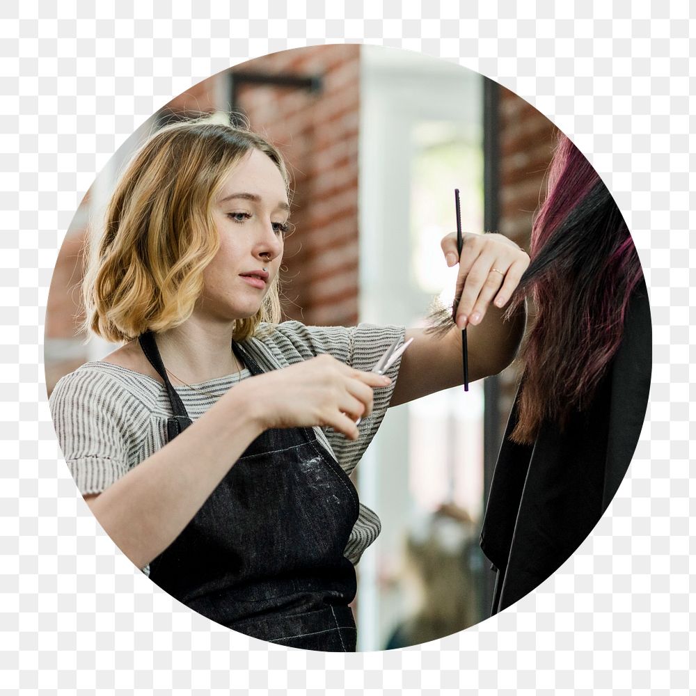 Female hairdresser png circle badge element, transparent background