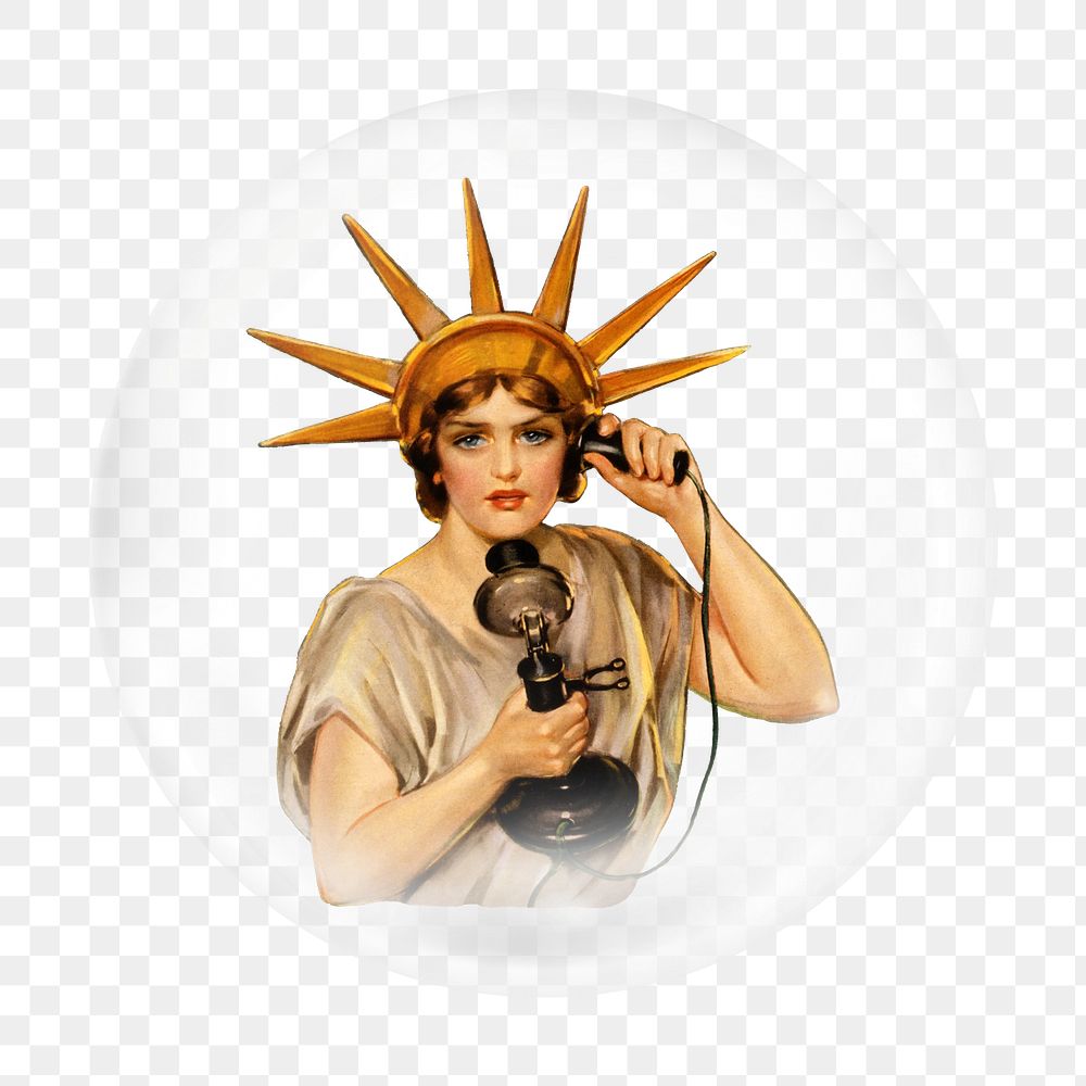 Statue of Liberty png making a call sticker, bubble design transparent background. Remixed by rawpixel.