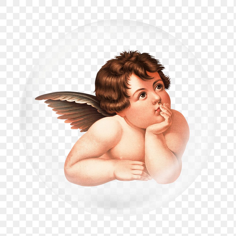 Cherub cupid png sticker, Raphael's artwork in bubble transparent background. Remixed by rawpixel.