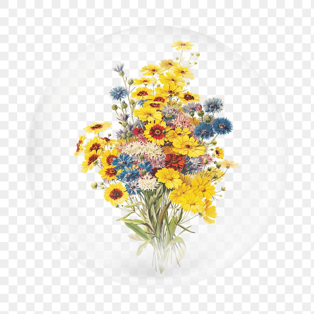 Sunflower bouquet png sticker,  bubble design transparent background. Remixed by rawpixel.