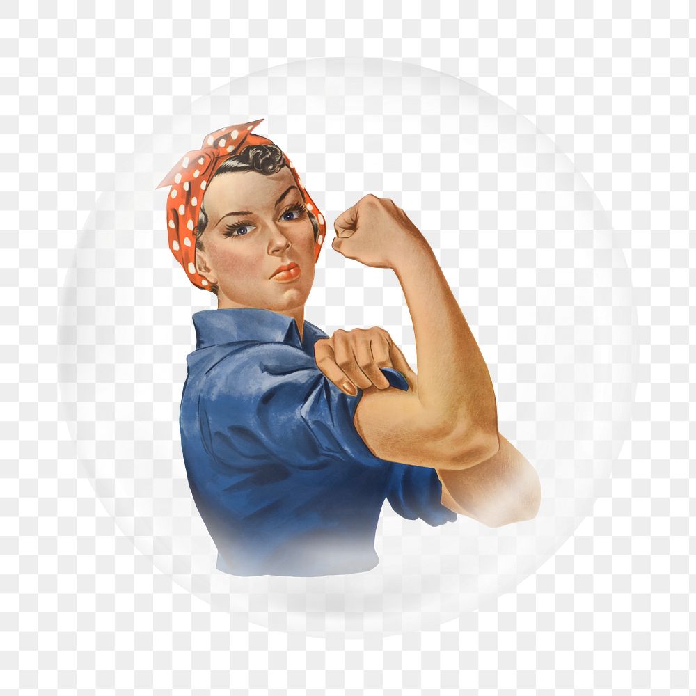 Girl power png sticker, J. Howard Miller's artwork in bubble transparent background. Remixed by rawpixel.