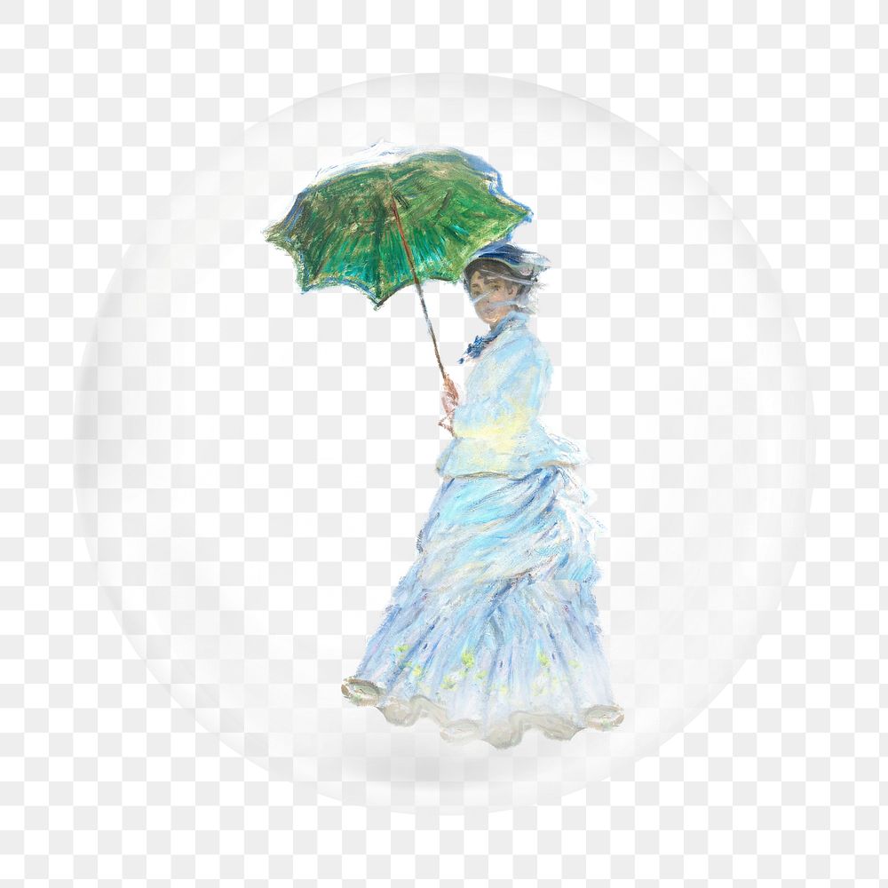 PNG woman with umbrella sticker, Claude Monet's artwork in bubble transparent background. Remixed by rawpixel.