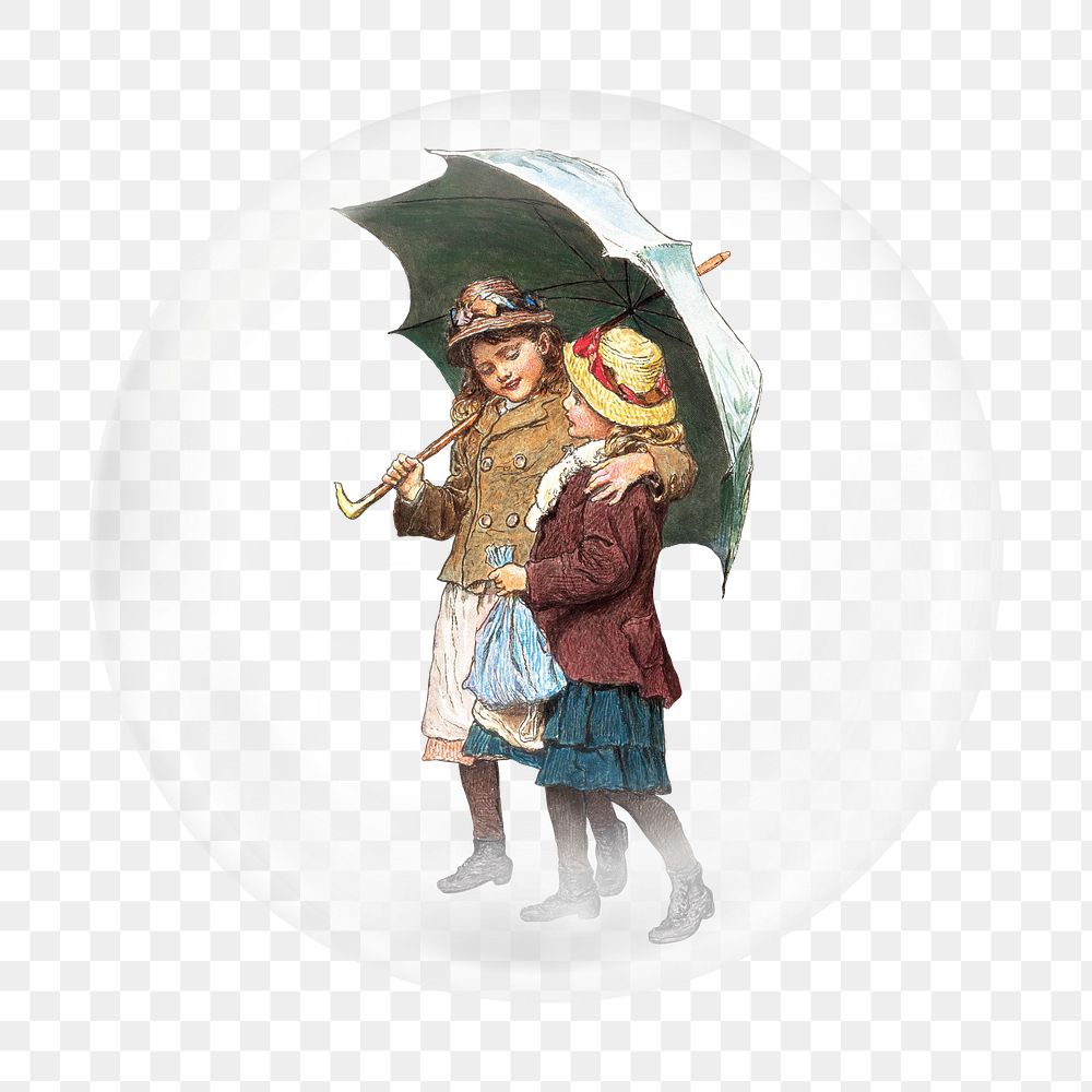 Girls with umbrella png sticker, bubble design transparent background. Remixed by rawpixel.