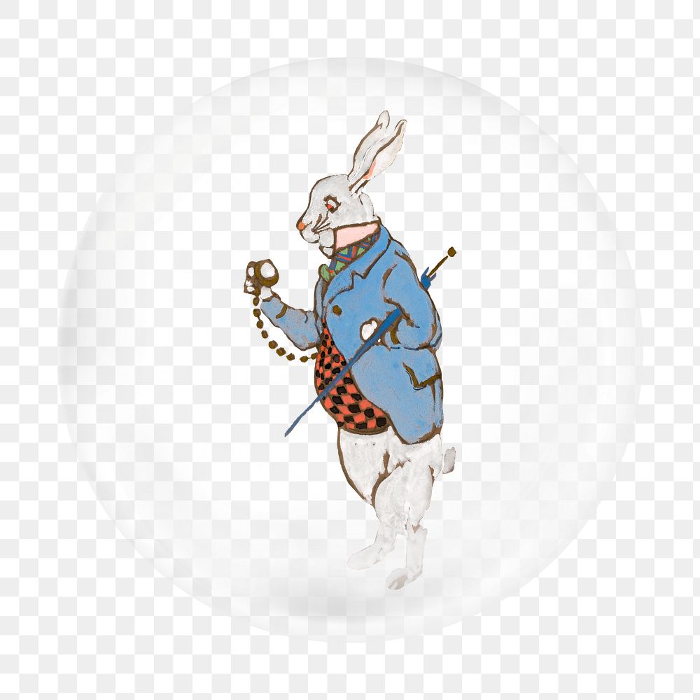 White rabbit png sticker, Lewis Carroll’s Alice’s Adventures in Wonderland character in bubble transparent background.…