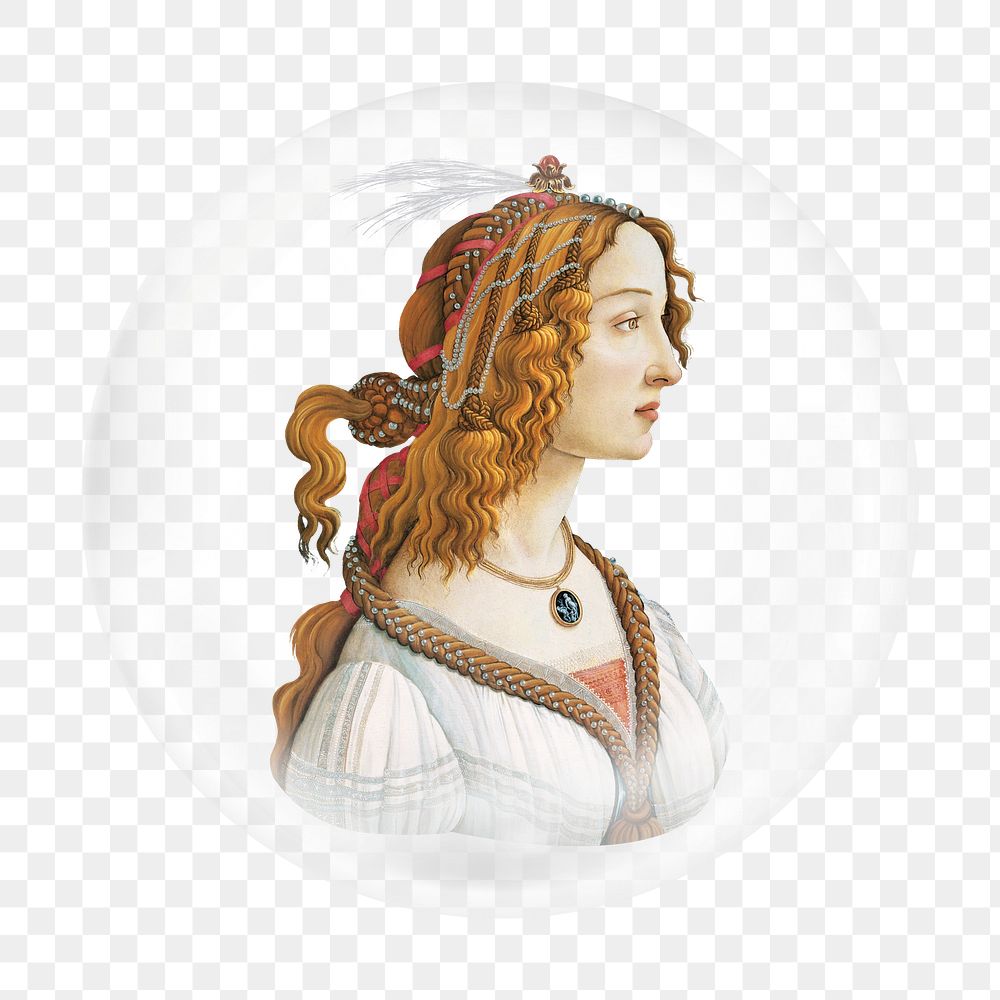 Vintage woman png sticker,  bubble design transparent background. Remixed by rawpixel.