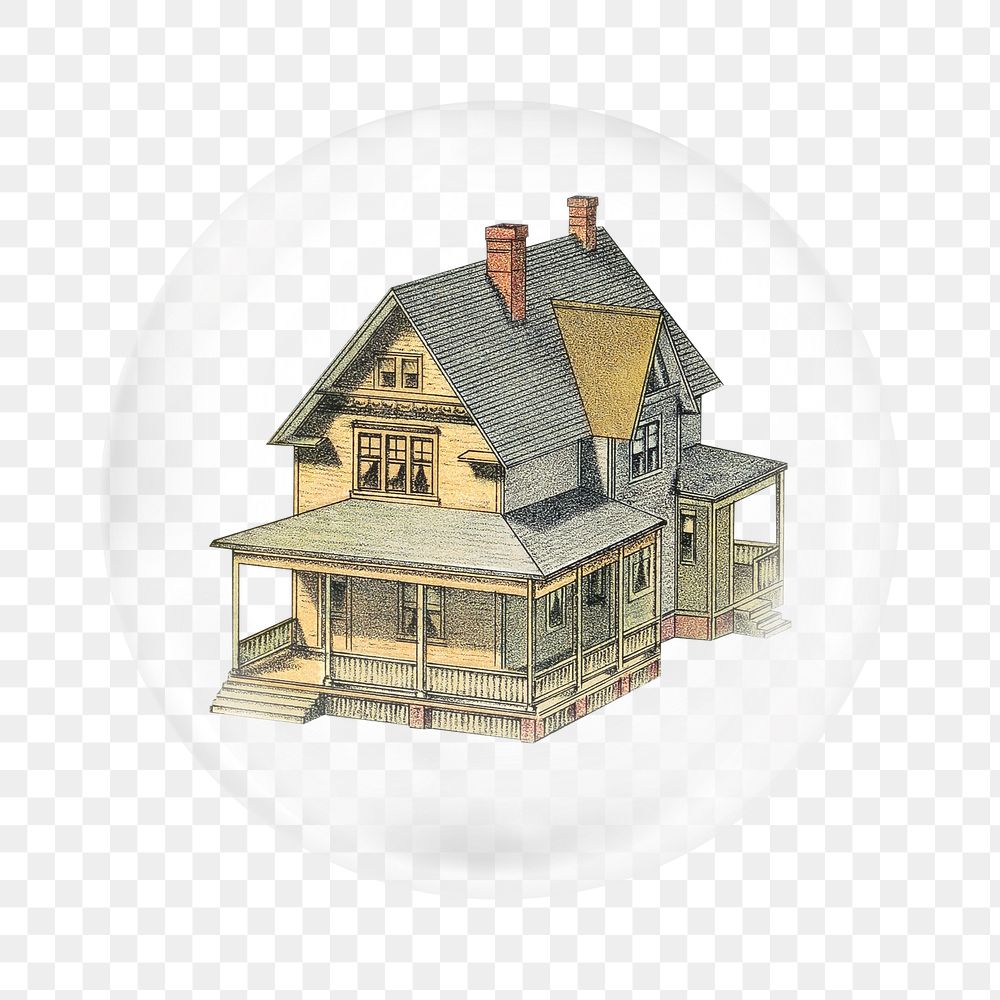Png vintage wooden house sticker,  bubble design transparent background. Remixed by rawpixel.