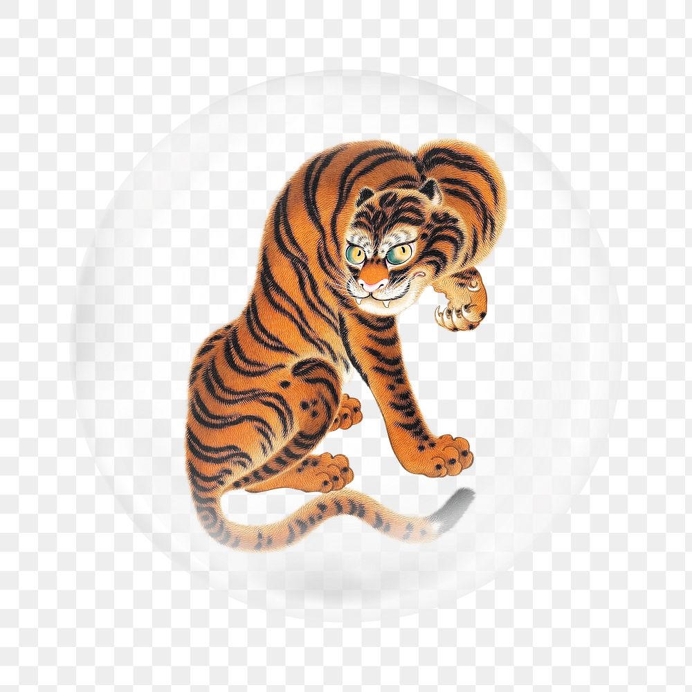 Png tiger cleaning its paw sticker,  bubble design transparent background. Remixed by rawpixel.