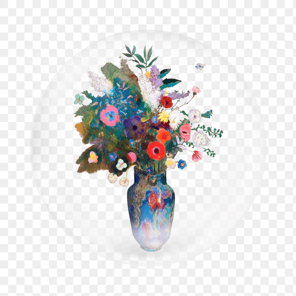 Png Bouquet of Flowers sticker, Odilon Redon's artwork in bubble transparent background. Remixed by rawpixel.