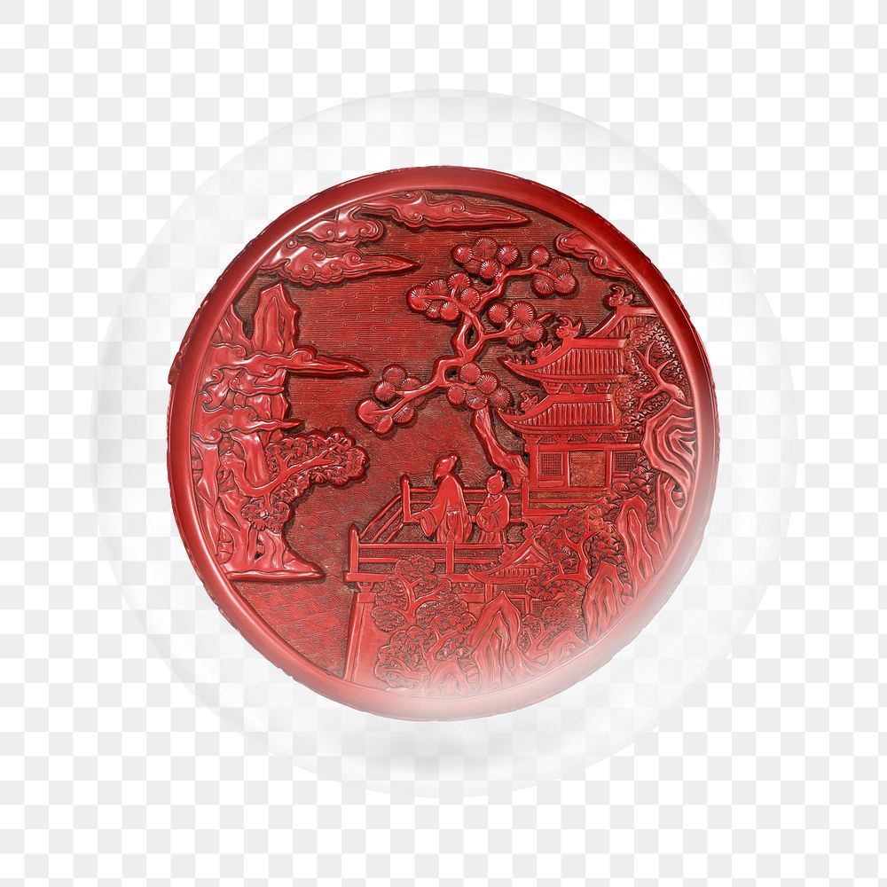 Circular box png carved red lacquer sticker,  bubble design transparent background. Remixed by rawpixel.