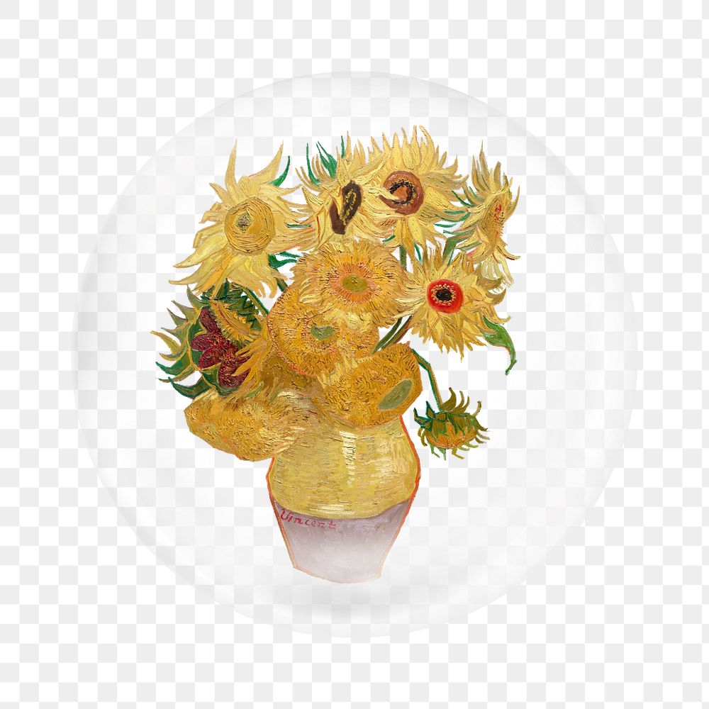 PNG Van Gogh-inspired Vase with Twelve Sunflowers sticker, bubble design transparent background. Remixed by rawpixel.