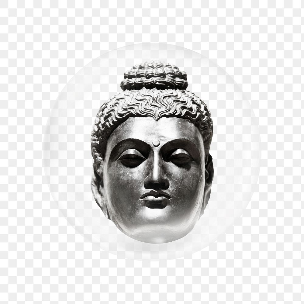 PNG Indian Buddha head sticker, religious sculpture in bubble transparent background. Remixed by rawpixel.