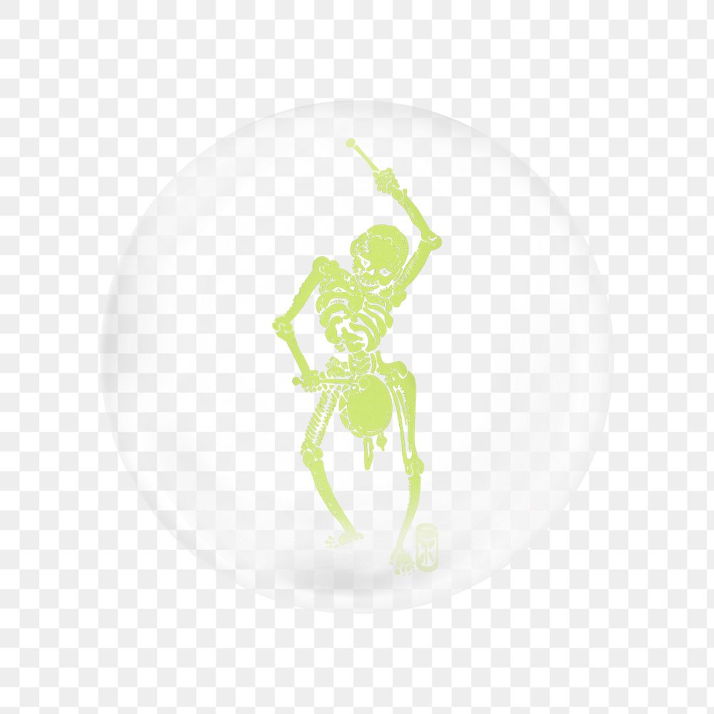 PNG neon green skeleton playing drum sticker, bubble design transparent background. Remixed by rawpixel.