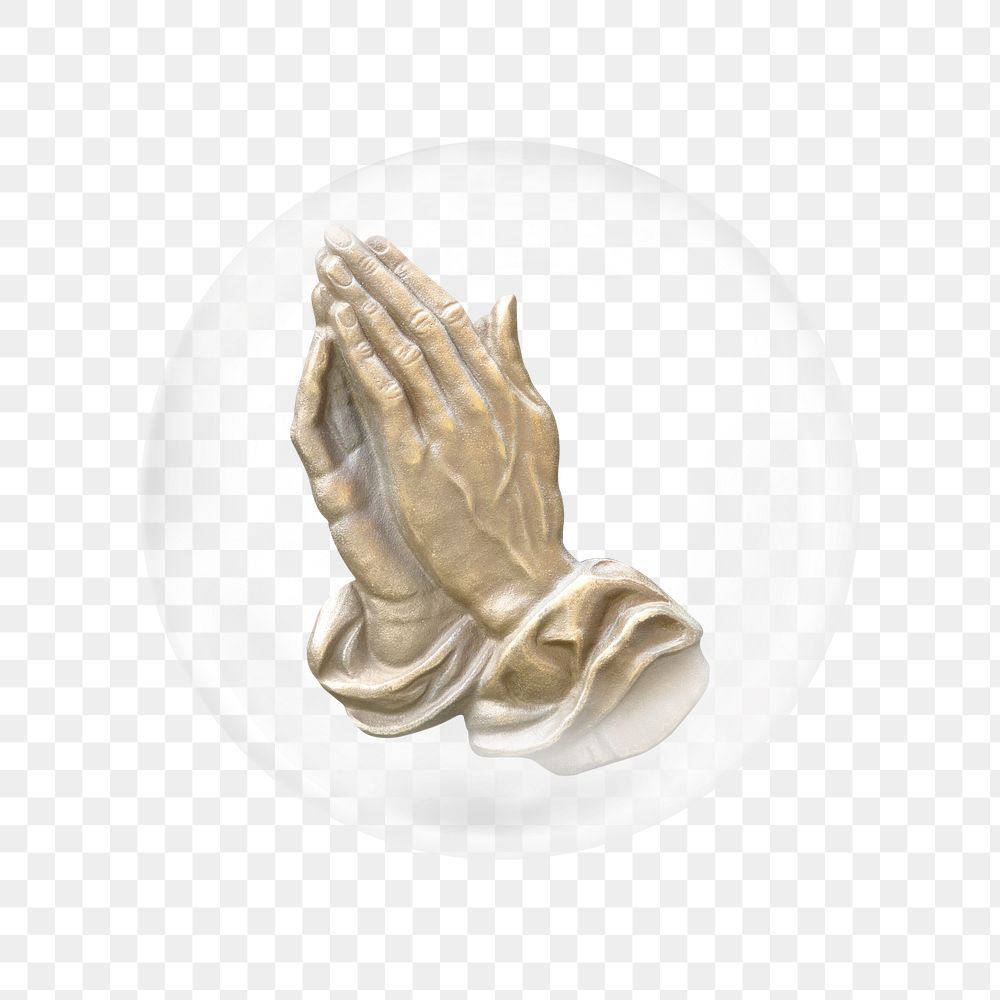 Praying hands png sculpture sticker, bubble design transparent background. Remixed by rawpixel.