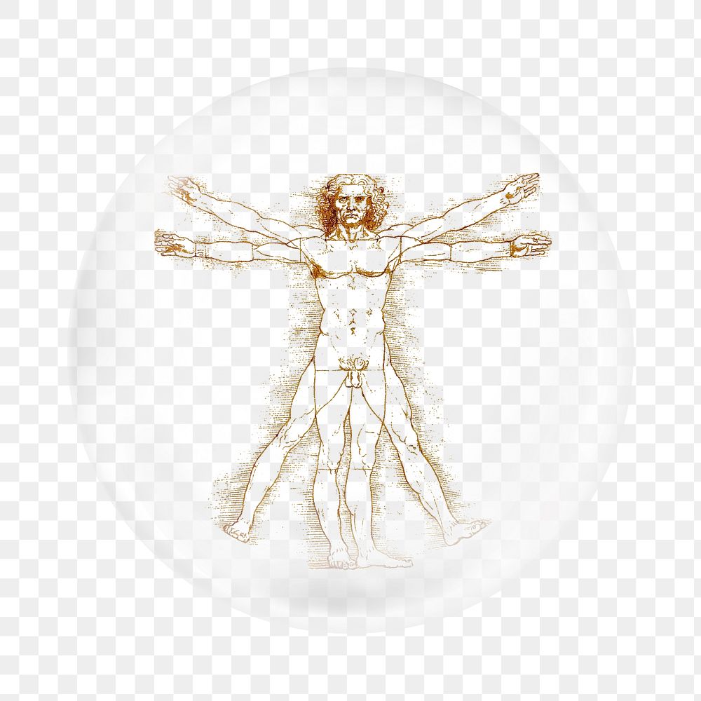 Vitruvian man png sticker, Leonardo da Vinci's artwork in bubble transparent background. Remixed by rawpixel.