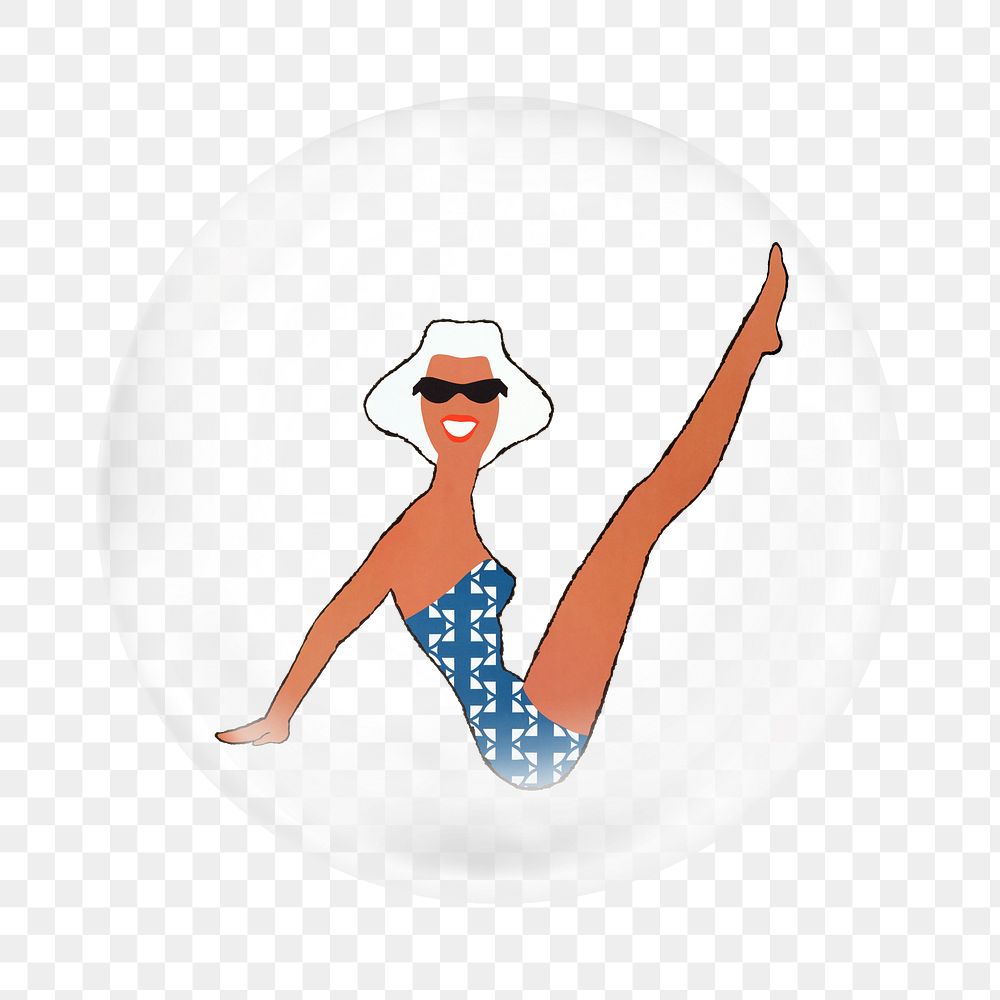 Tanned woman png summer sticker, bubble design transparent background. Remixed by rawpixel.
