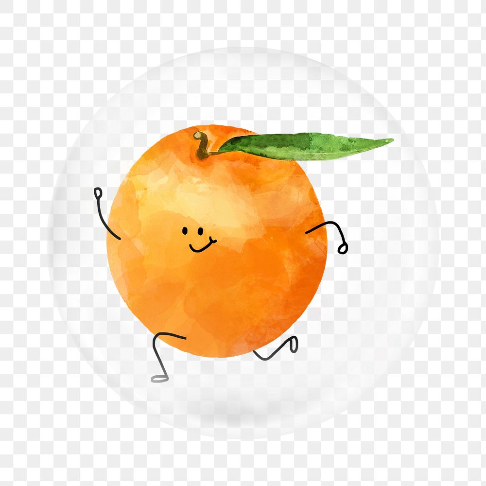 Smiling orange png sticker, cute running fruit drawing in bubble transparent background. Remixed by rawpixel.