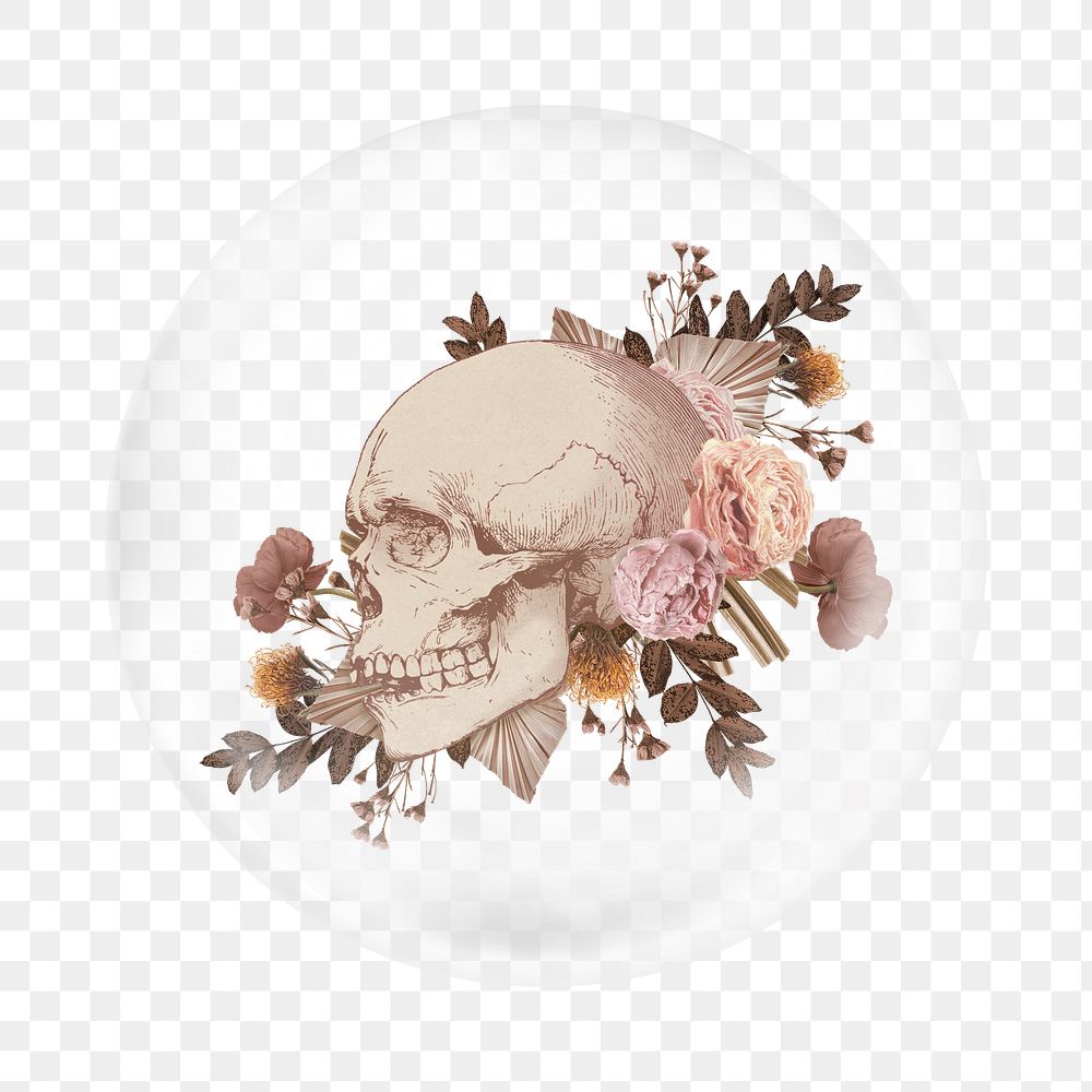 PNG aesthetic floral skull sticker,  bubble design transparent background. Remixed by rawpixel.