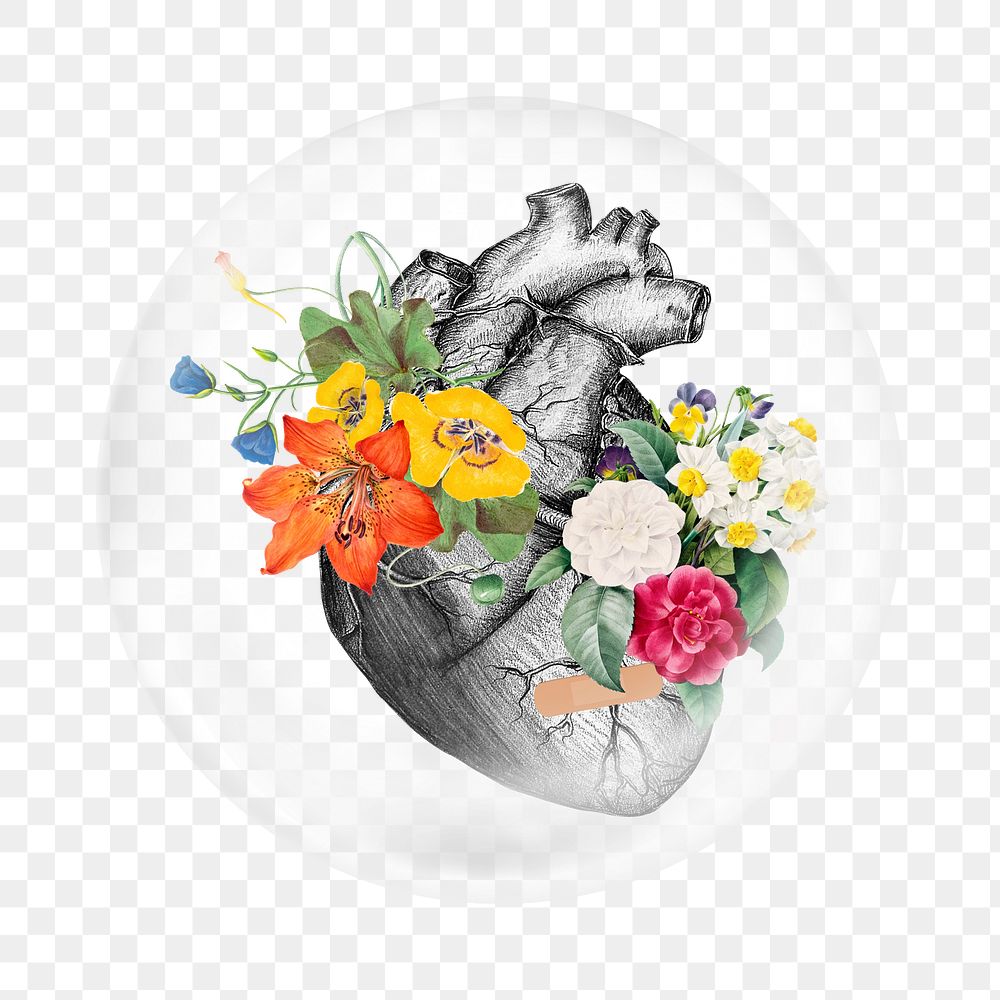 Human heart png sticker, colorful flower collage in bubble transparent background. Remixed by rawpixel.