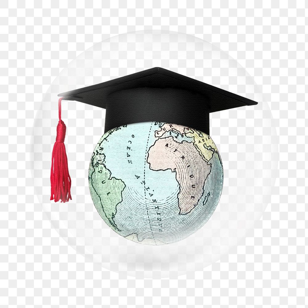 Png earth planet with graduation cap sticker, bubble design transparent background. Remixed by rawpixel.