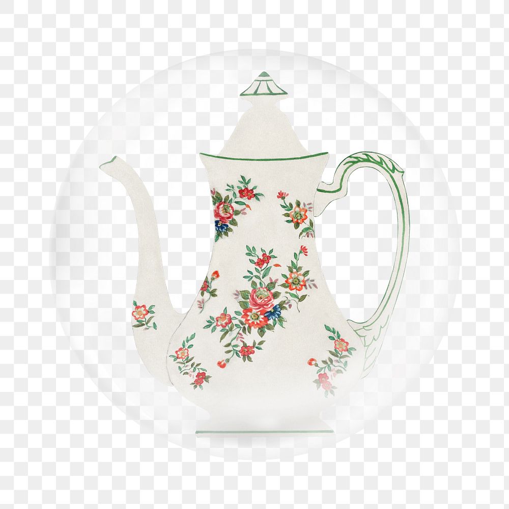 Vintage floral teapot png sticker, bubble design transparent background. Remixed by rawpixel.