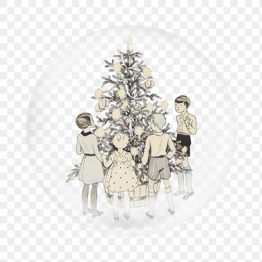 Kids png gathering around Christmas tree sticker,  bubble design transparent background. Remixed by rawpixel.