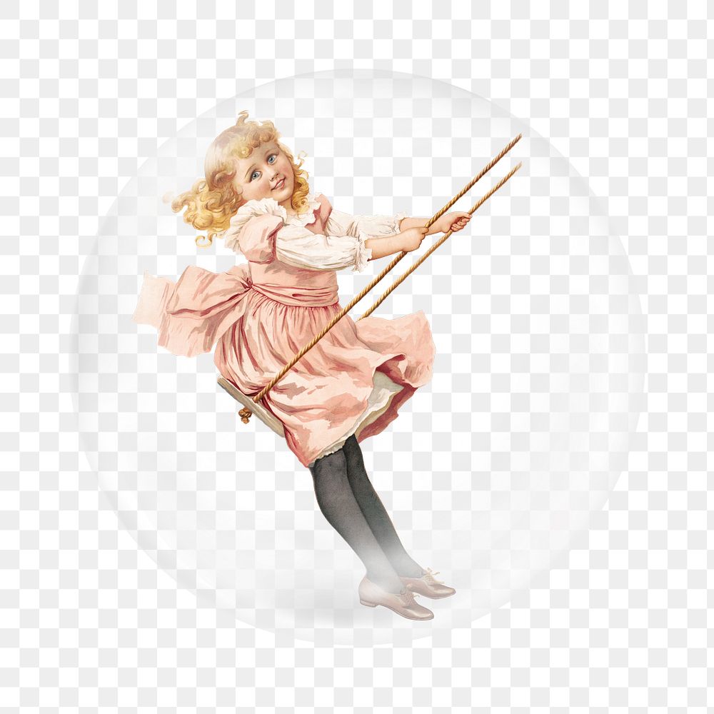 PNG girl in swing sticker, vintage illustration in bubble transparent background. Remixed by rawpixel.