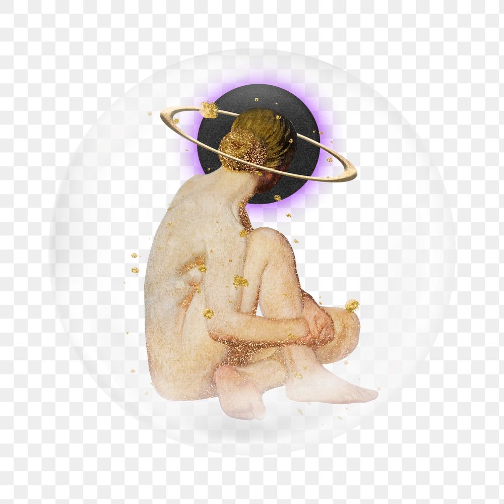 Nude woman png with halo angel ring sticker, bubble design transparent background. Remixed by rawpixel.
