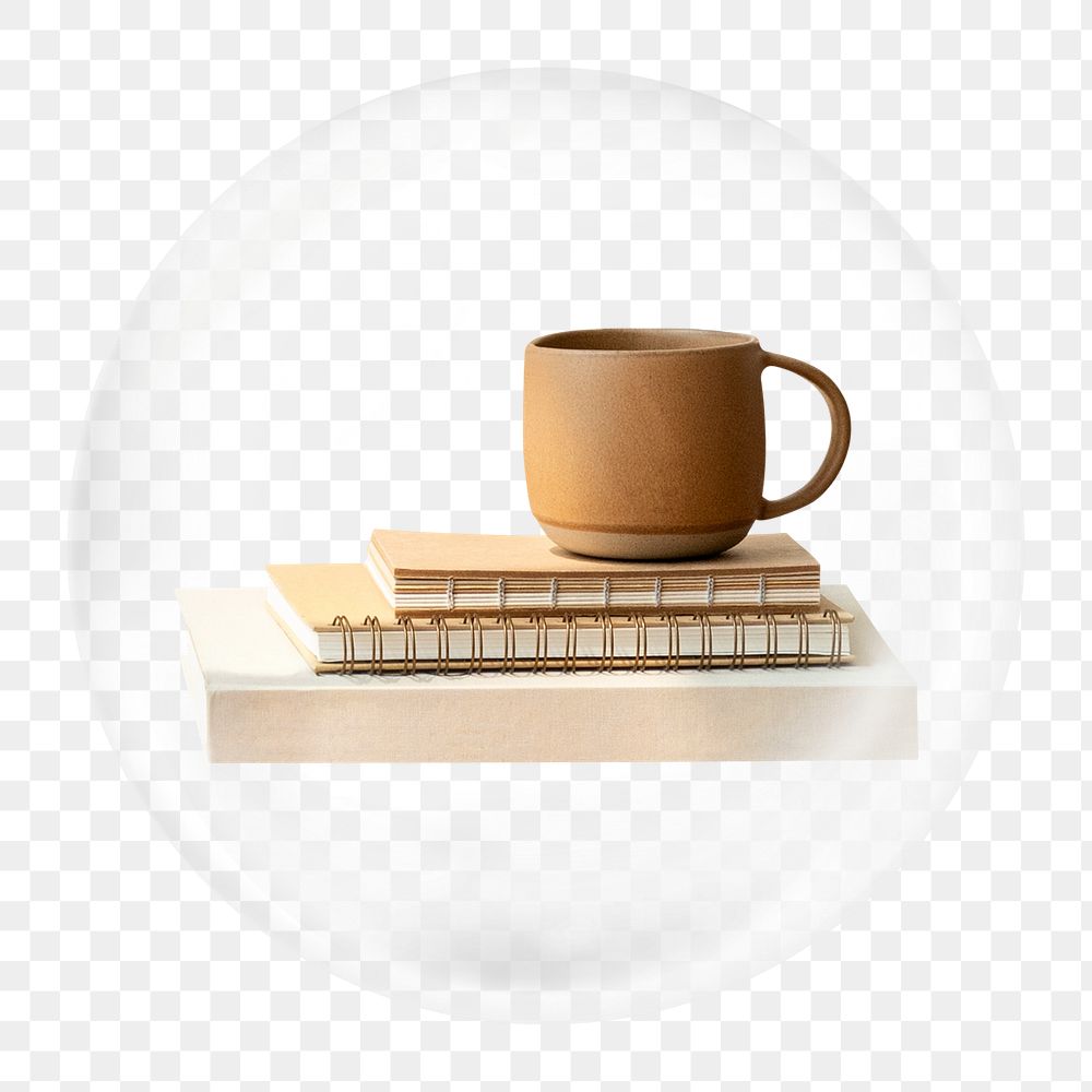 Minimal cup & notebooks png element in bubble
