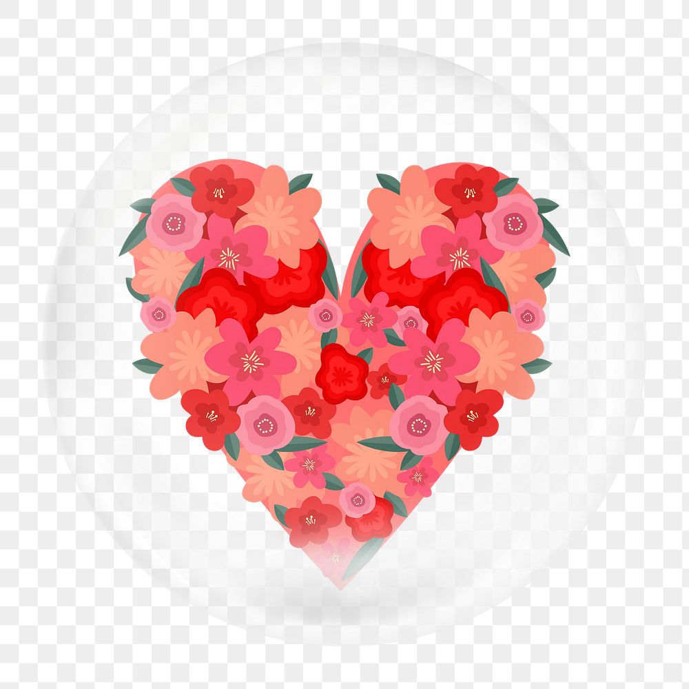 Floral Valentine's heart png element, in bubble design