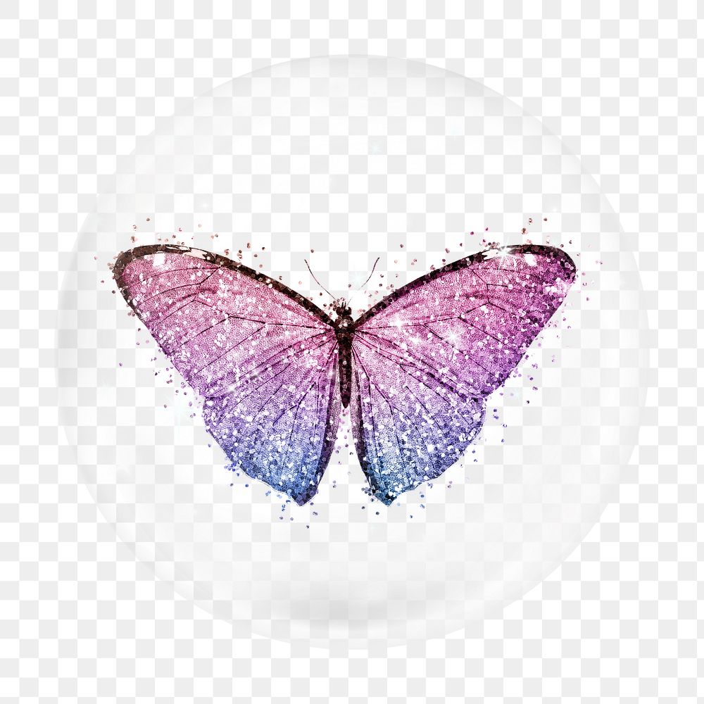 Glitter butterfly png bubble element, transparent background 