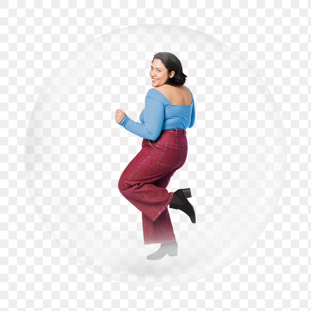 Dancing woman png bubble element, transparent background 