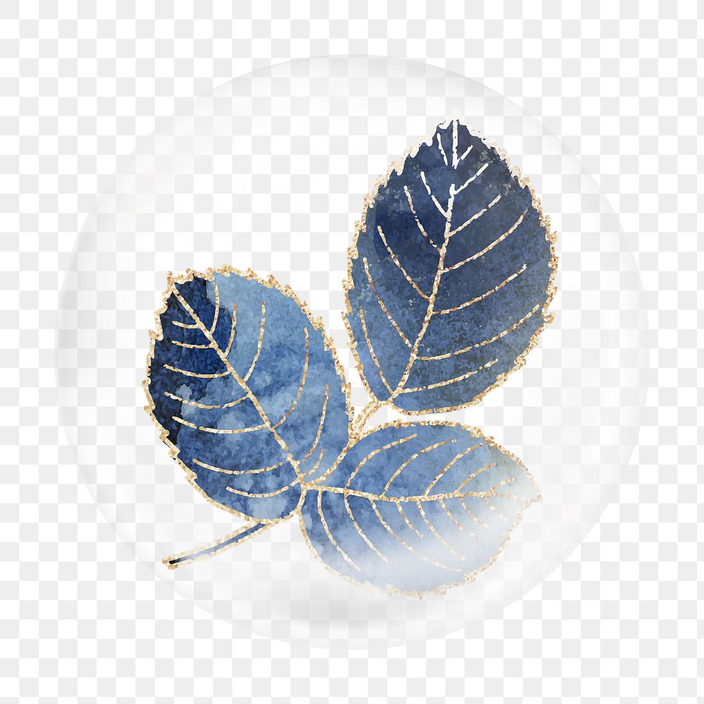 Blue watercolor leaves png bubble element, transparent background 