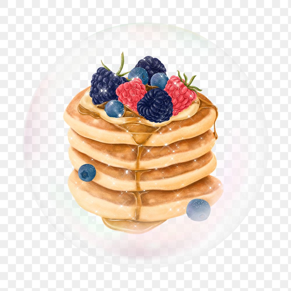 Mixed berry pancakes png bubble effect, transparent background