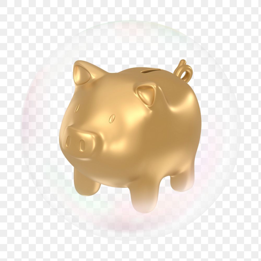 Gold piggy bank png bubble effect, transparent background