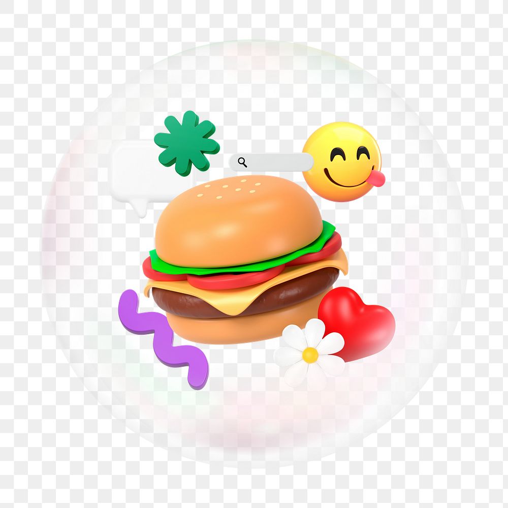 3D hamburger png bubble effect, transparent background