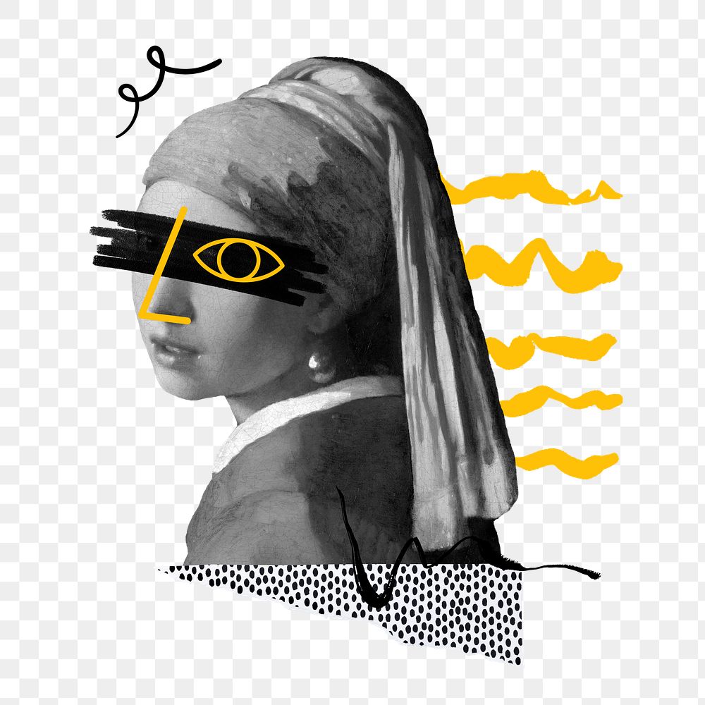 Girl with pearl earring png funky element, transparent background. Famous artwork by Johannes Vermeer remixed by rawpixel.