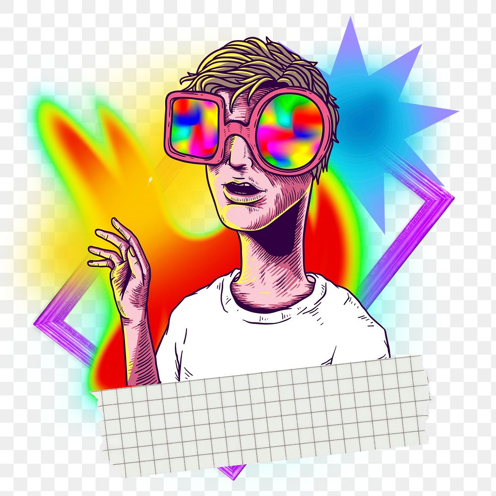 Cool boy cartoon png element, colorful gradient shape tape, transparent background