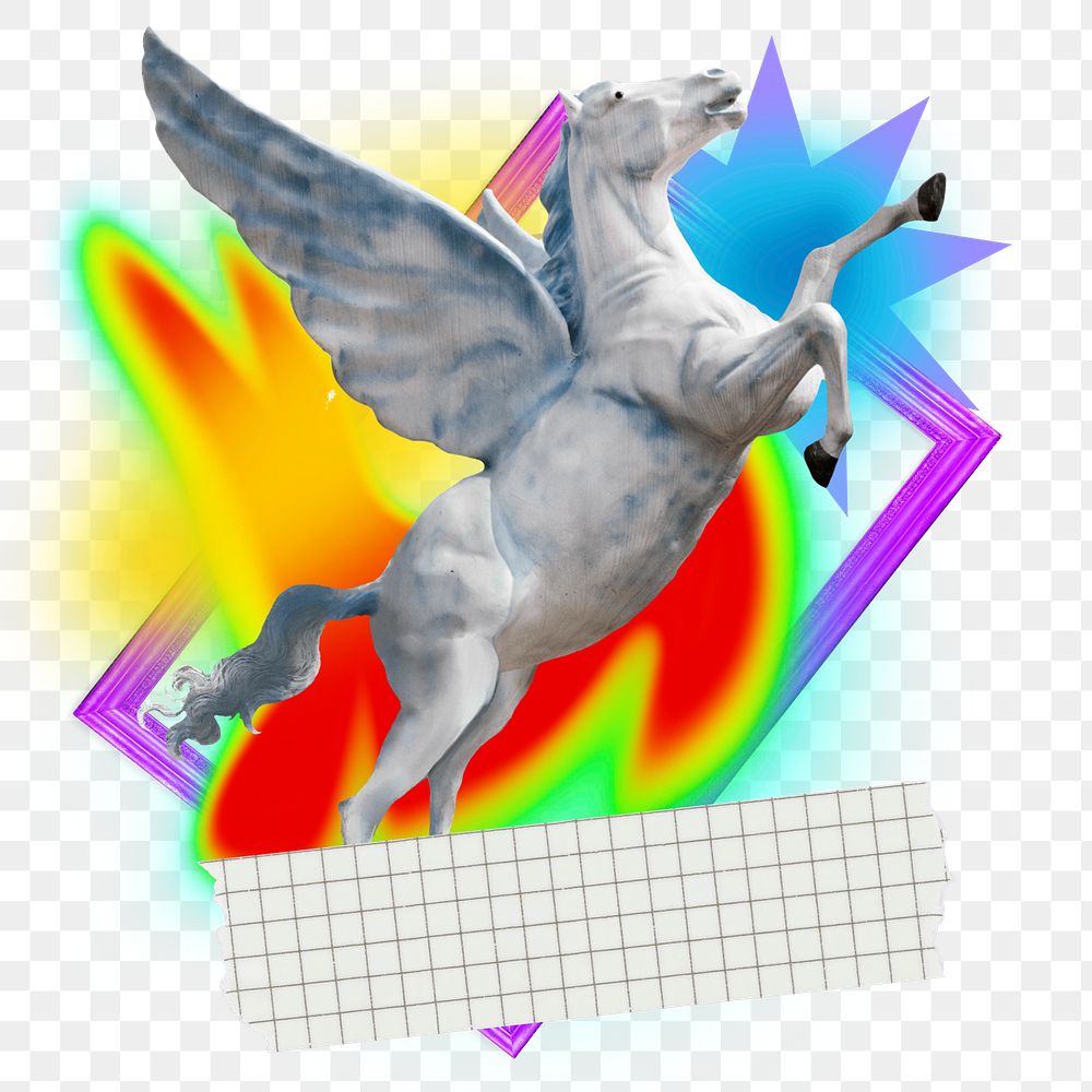 Pegasus png element, colorful gradient shape tape, transparent background