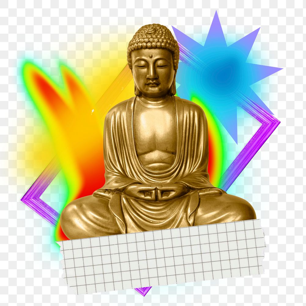 Meditating buddha png element, colorful gradient shape tape, transparent background